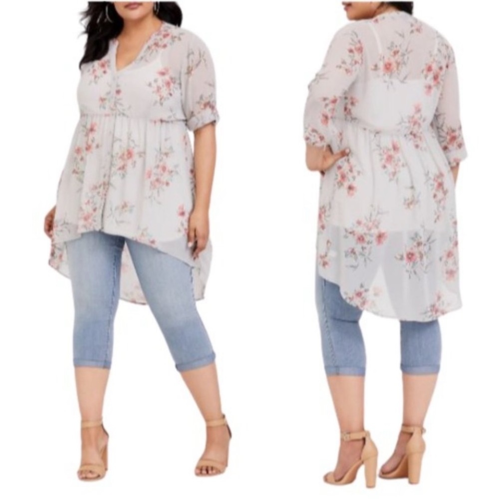 Torrid Blue Floral sheer flowy hi-lo tunic size 1